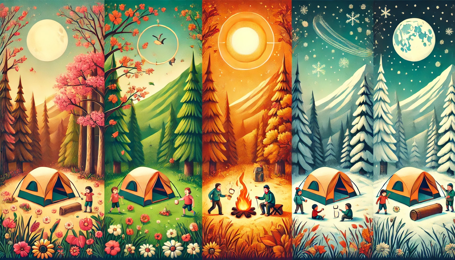 A landscape image depicting a family camping in different seasons